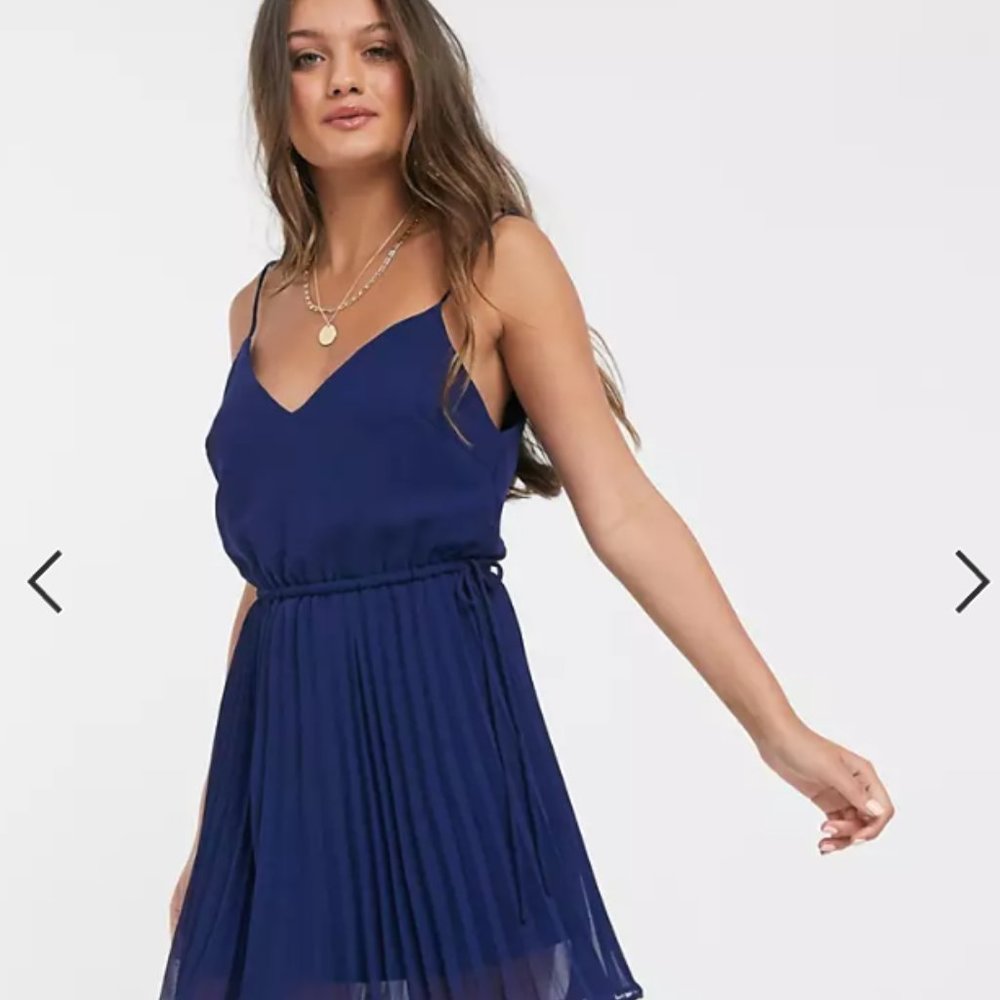ASOS DESIGN Petite pleated cami mini dress with drawstring waist in navy
